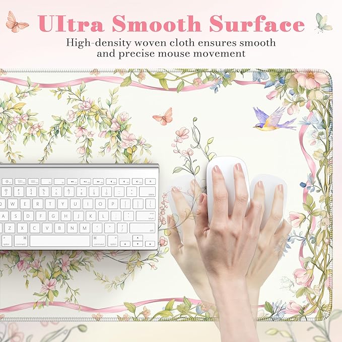 HAOCOO Floral Bow Cute Desk Mat,Sweet Heart Keyboard Mats for Desk, XXL Mouse Pad with Non-Slip Rubber Base, Desk Pad Mat with Stitched Edges, Waterproof Computer Mats for Desktop, Desk Pad Protector