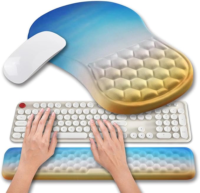 Hokafenle 2 in 1 Ergonomic Mouse Pad Wrist Support & Wrist Rest for Computer Keyboard Set, with Memory Gel Massage Bulge Design (2In1 Set, Morning Sky)
