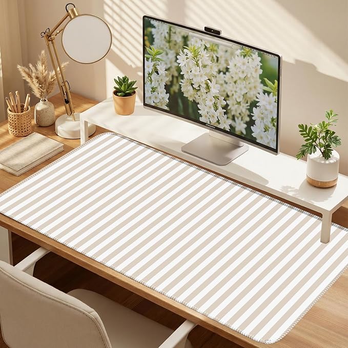 Beige Striped Desk Mat Cute Pastel XXL Large Gaming Mouse Pad Desk Pad Kawaii Aesthetic Home Office Decor Cozy Keyboard Laptop Computer Mat