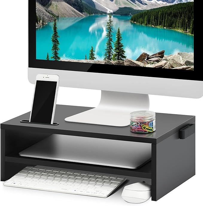 Marbrasse Monitor Stand Riser, 16.5 Inch 2 Tier Computer Printer Shelf Stand for Laptop Computer Screen Storage, Desktop Stand with Phone Holder and Cable Management Black