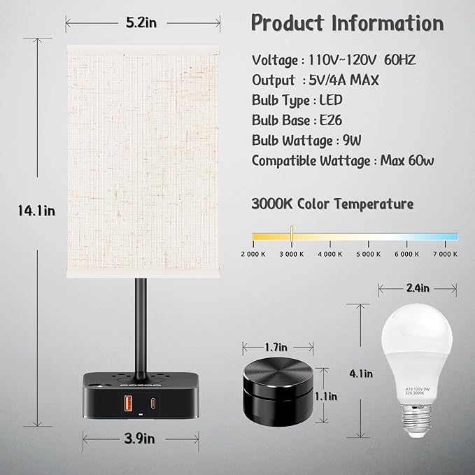 Bedside Table Lamps for Bedroom, 3 Way Dimmable + Remote Control Stepless Dimming Touch Lamps for Nightstand, USB A+C & AC Outlet Small Table Lamp for Living Room, Bed, Study, Include 9W Warm LED Bulb