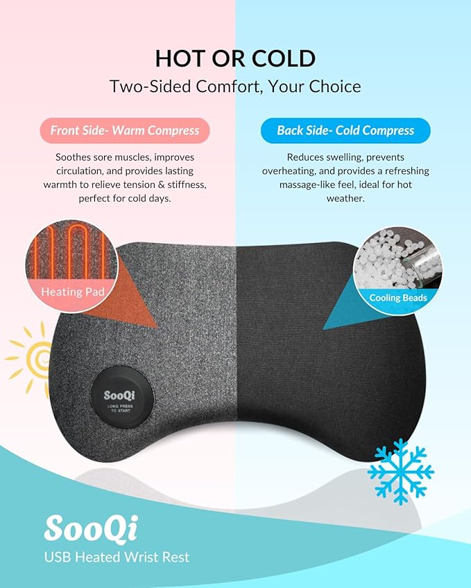 USB Heated Wrist Rest for Mouse, Dual-Sided Design with Warm Heat & Cooling Beads for Pain & Fatigue Relief, Ergonomic Support for Office Work, Home, PC & Laptop Gaming