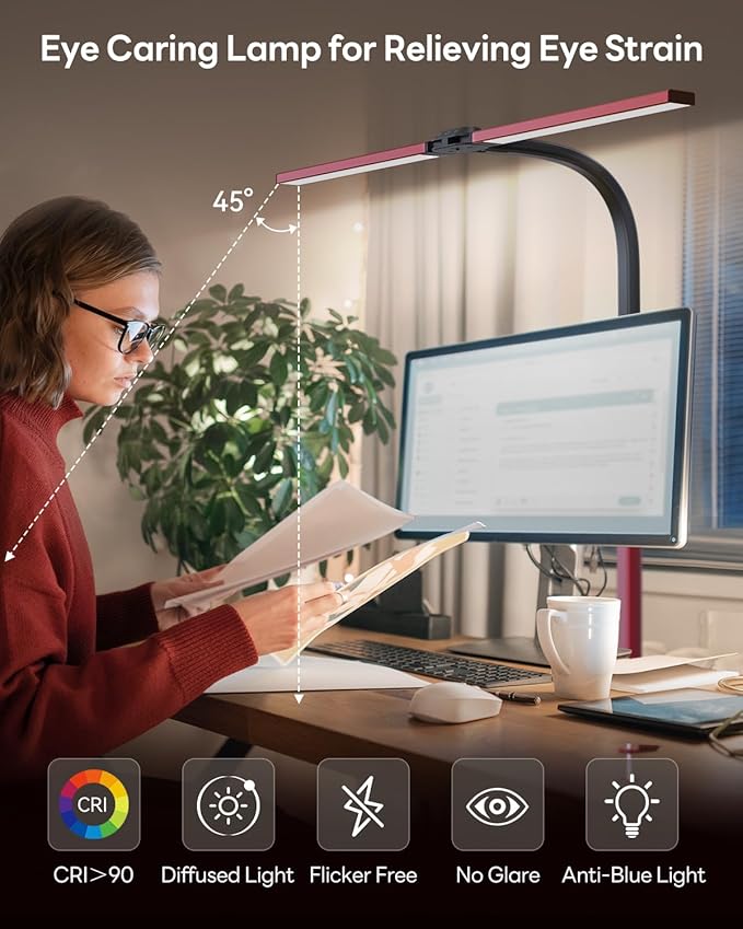 LED Desk Lamp for Home Office, Eye-Caring Desk Light with Clamp, Stepless Dimming 24W Double Head Architect Task Lamp with Remote Control, Flexible Arm for Working Studying Reading Drafting（RED)