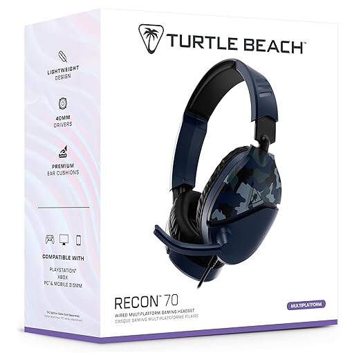 Turtle Beach Recon 70 Multiplatform Gaming Headset for Xbox Series X|S, Xbox One, PS5, PS4, PC & Mobile w/ 3.5mm Wired Connection - Flip-to-Mute Mic, 40mm Speakers, Lightweight Design, Blue Camo