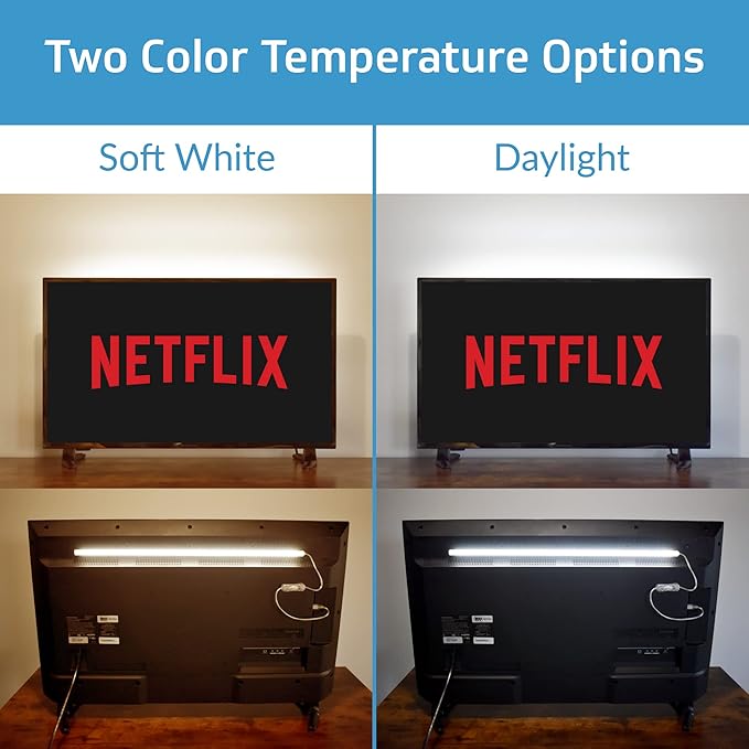 TrueColor USB-Powered LED Light Bar with Frosted Cover for Under Cabinet, Under Monitor, TV Backlight – Easy-Install - Adhesive & Mounting Brackets Included - 100,000 Hours Lifetime (18", Soft White)