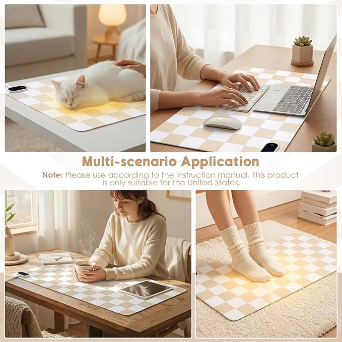 Konohan Heated Large Desk Mat PU Leather Cute Warm Mouse Pad with 5 Heating Level & 4 Hour Auto Shut-off Heating Keyboard Pad Warmer Gaming Mice Mat Only Supports 110v(beige checkerboard, 31.5" X 13")