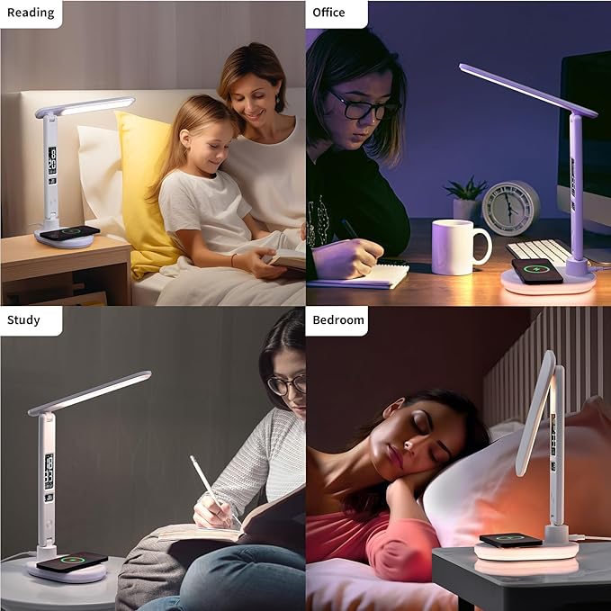LED Desk Lamp with 10W QI Wireless Charging, Flexo Table Lamp with 3 Colors and 5 Brightness Levels with Charging Function,USB,Clock,Temperature,LCD,Date,Touch Control. (White)