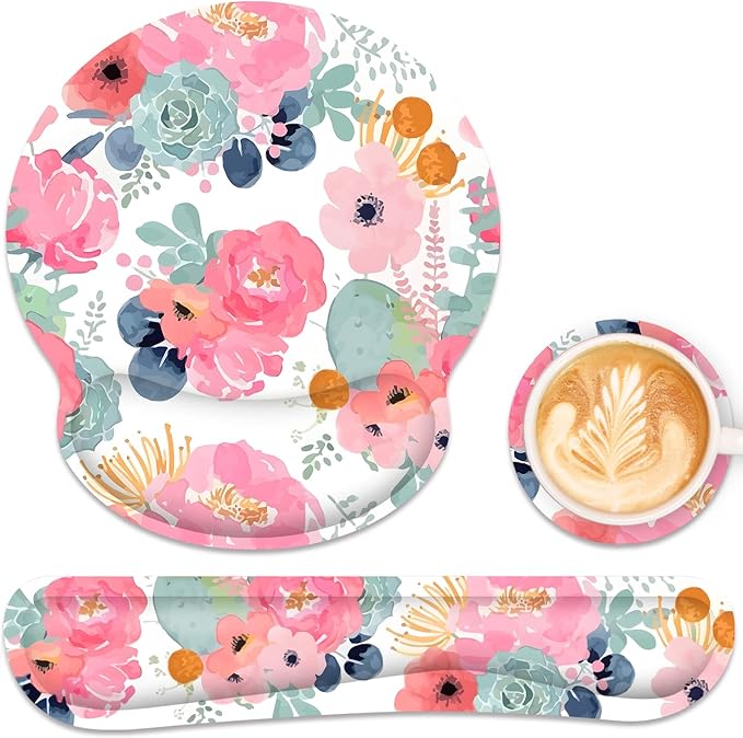 Ergonomic Mouse Pad with Wrist Rest and Keyboard Wrist Rest, Mousepad and Wrist Rest for Computer Keyboard, Non-Slip Rubber Base, Mouse Pad Wrist Support for Gaming, Office, Pink Flower
