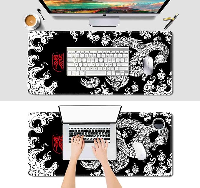 IMAYONDIA Large Gaming Mouse Pad (35.4x15.7 in), Big Extended Non-Slip Rubber Base Mousepad with Stitched Edges, Keyboard Mouse Mat Desk Pad for Work, Gamer, Office, Computer - Black and White Dragon