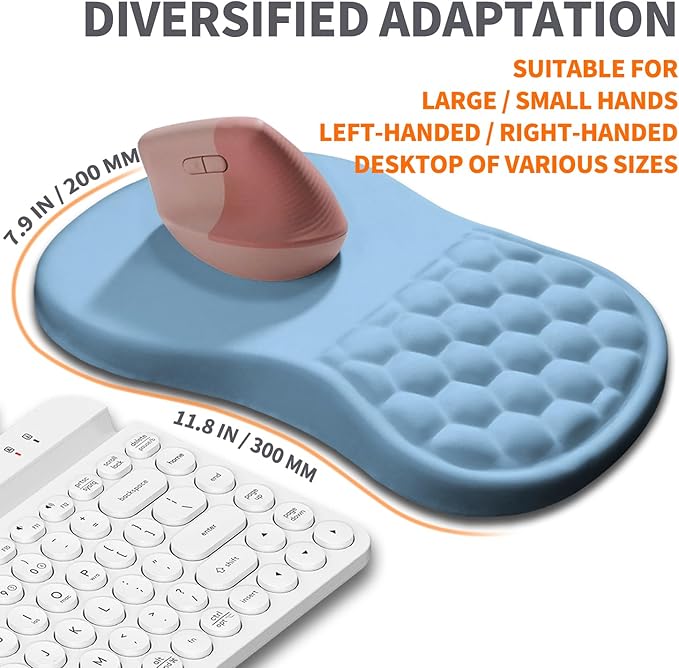 Ergonomic Joint Wrist Support Mouse Pad with Memory Foam Cushion Massage Bump, Carpal Tunnel Mousepad Slope Design for Wrist Rest, 11.8x7.9 in, LightSkyBlue
