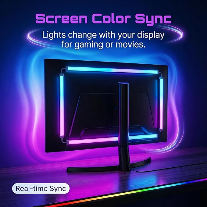 RGB Monitor Backlight with Screen Sync, Dual USB Powered Ambient Lighting Kit for 27 Inch Gaming Monitors, Music Mode, Immersive Dynamic LED Strip Lights for PC Setup (4 Sides - 27 inch)