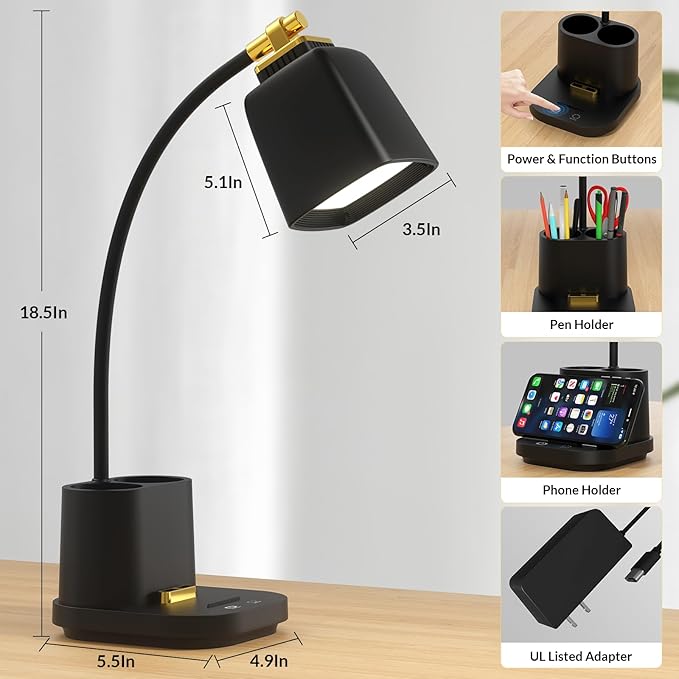 Desk Lamp with USB Charging Port & Pen Holder, LED Desk Light for Home Office, Touch Dimmable, Ideal for Study, Reading, and Work (Black)