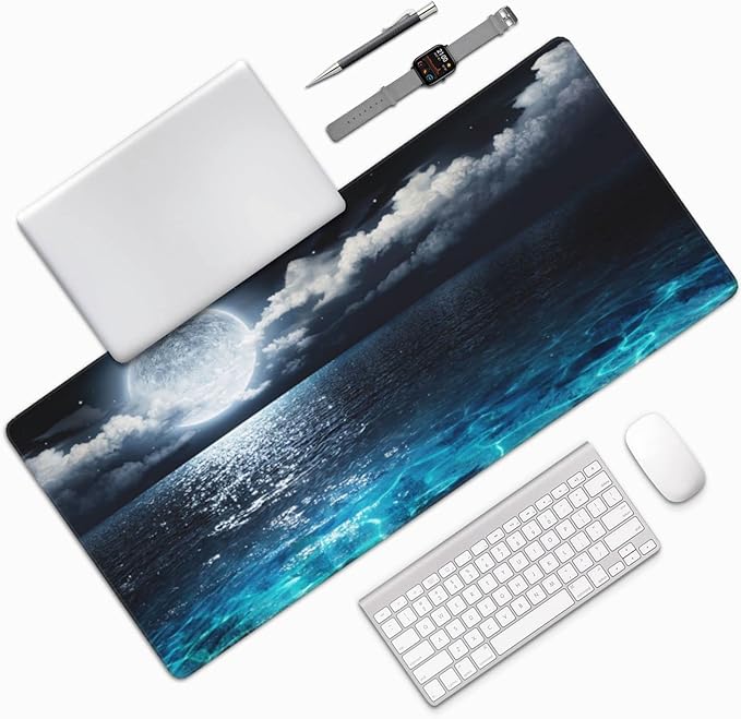 Gaming Mouse Pad,Large Mouse Pads for Desk,Non-Slip Rubber Base Extended Mousepad,XXL Keyboard Mouse Mat,Computer Keyboard Desk Pad with Stitched Edges,35.4x15.8inch,Full Moon On Sea Night