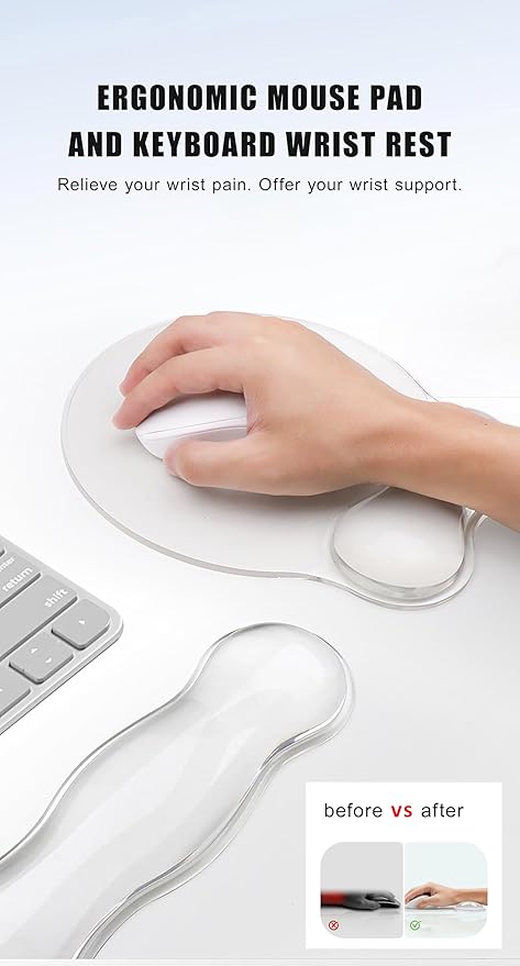 Mouse Pad with Wrist Rest, Soft Cloud Gel Keyboard Mouse Pad Set with Hand Wrist Support, Cute Non Slip Office Desk Accessories for Comfort/Computer/Laptop (2Pc Clear Wave)