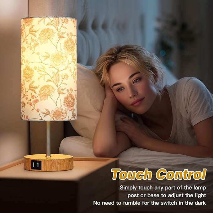 Bedside Touch Lamp with Flower Fabric Shade, 3 Way Dimmable Wood Bedroom Lamp for Nightstand with 2 USB Charging Ports, Small Table Lamp for Living Room Reading Desk (LED Bulb Included)