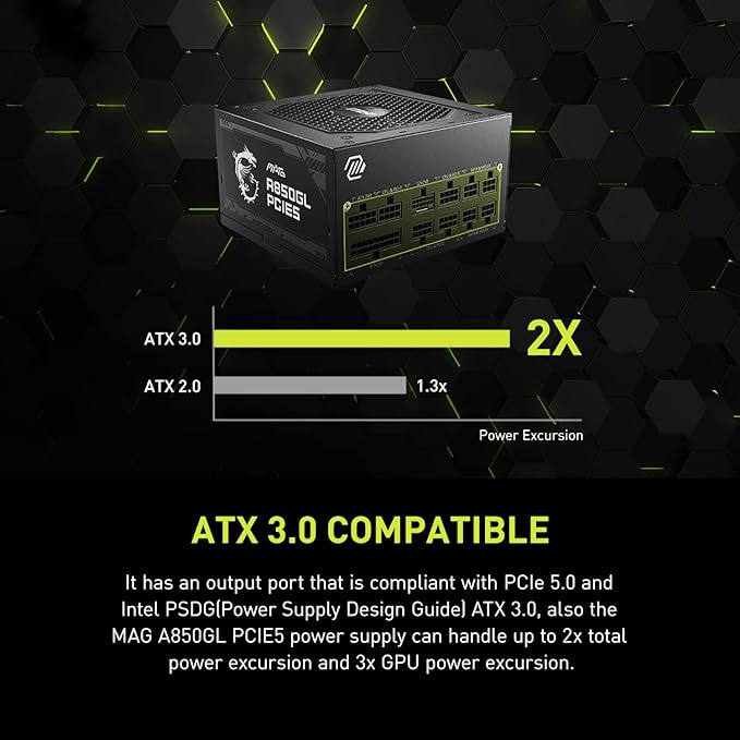 MSI MAG A850GL PCIE5, Fully Modular Compact Gaming 850W Power Supply, 80+ Gold, ATX 3.1 & PCIe 5.1 Ready, Native Dual-Color 12V-2x6 Cable, 10 Year Warranty