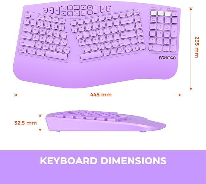 MEETION Ergonomic Keyboard Wireless, Multi-Device Bluetooth Keyboard, Wrist Rest for Natural Typing, Full-Sized Rechargeable Split Computer Keyboards, for Windows/Mac/PC/Laptop/Ta