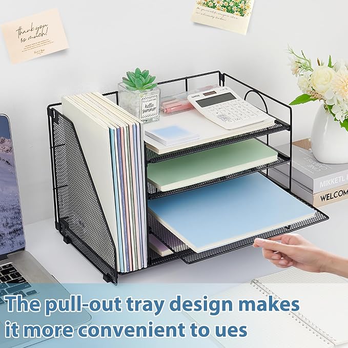 OPNICE 4-Tier Paper Organizer with Magazine Holder, Desk Organizers and Accessories, Office Desk Accessories & Workspace Organizers, Desktop File Organizer for Office Supplies Storage, Black