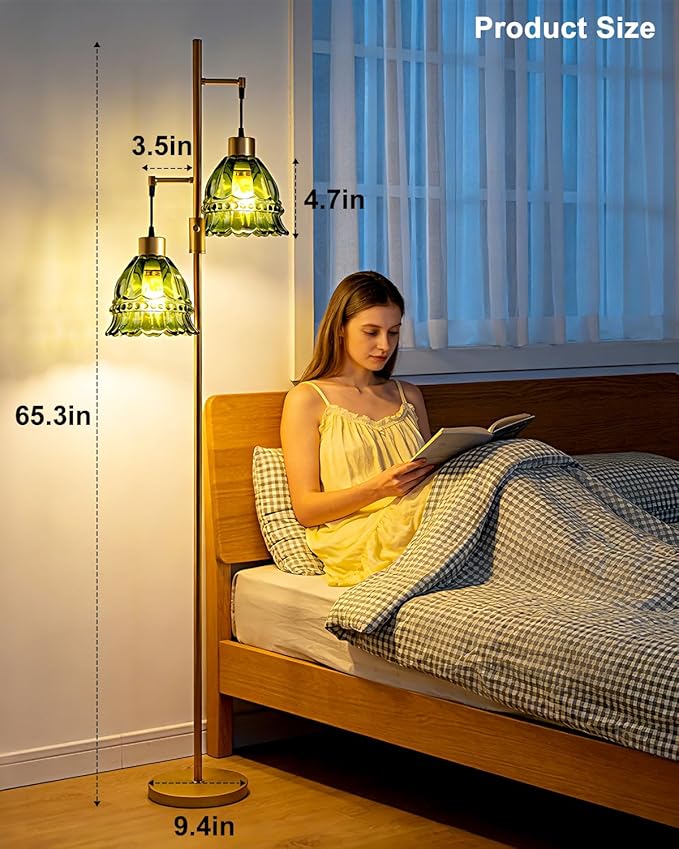 Gold Dimmable Floor Lamp for Living Room, 2-Light 65IN Tall Standing Lamps with Green Glass Lampshade, 3000K Warmwhite Mid Century Modern Floor Lamp for Bedroom/Home Office/Corner