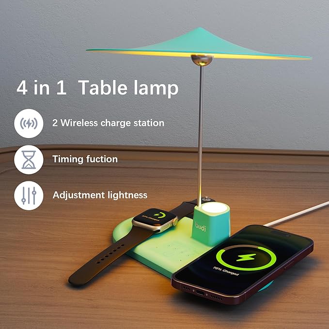 BUDI Multifunctional Table Lamp with Wireless Charger, 3 in 1 Charging Station Desk Lamp Touchable for Nightstand for Bedroom, Living Room, Home (Blue)