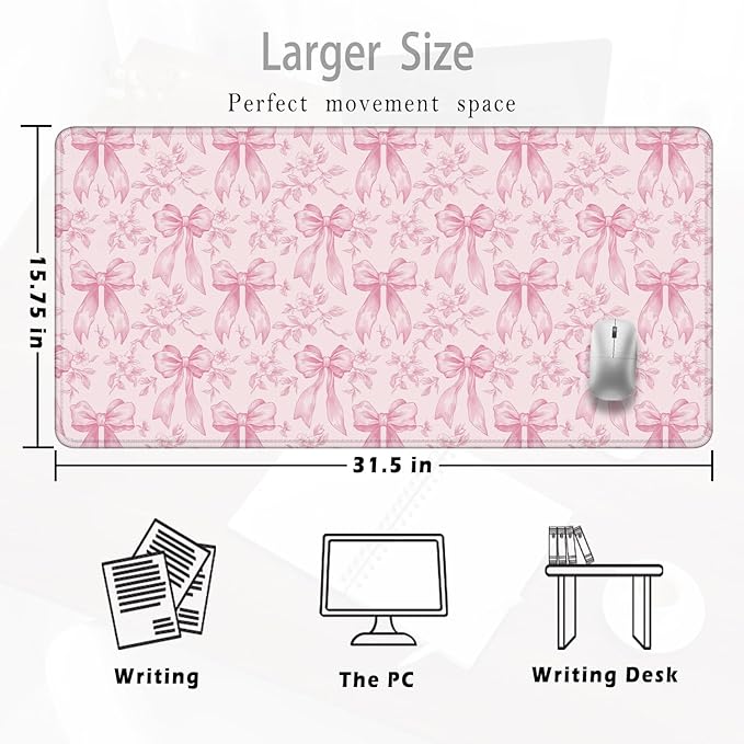 Coquette Pink Floral Large Mouse Pad 31.5x15.7inch, Trendy Girly Pink Bow Peony Flower Aesthetic Large Extended Computer Desk Mat Mousepad for Keyboard and Mouse, Preppy Desk Accessories