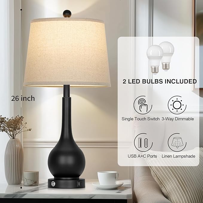 26" Black Table Lamps Set of 2, Touch Control Lamps for Living Room, 3-Way Dimmable Bedroom Bedside Lamps for Nightstands with USB A+C Port (2 LED Bulbs Included)