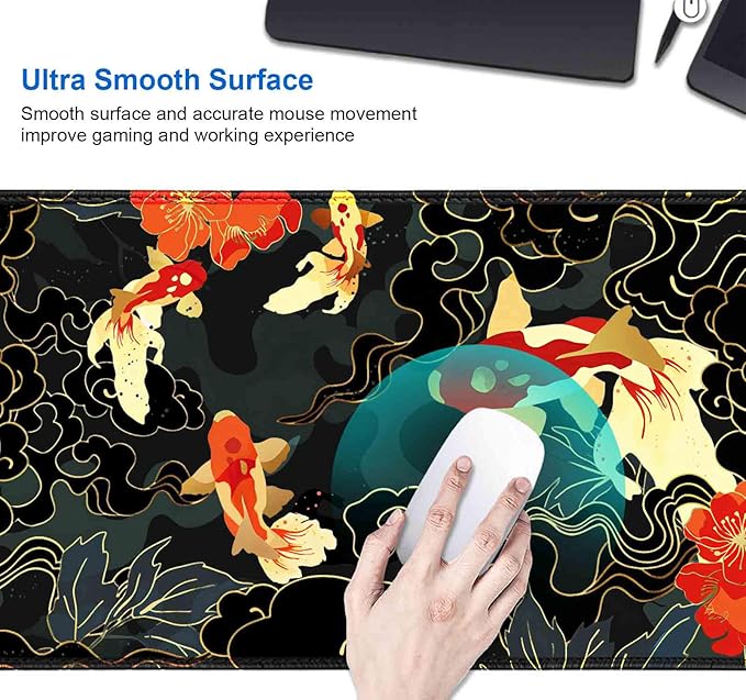 IMAYONDIA Japanese Koi Desk Mat (35.4x15.7 in), Extended Large Gaming Mouse Pad, Long Desk Pad with Stitched Edge, Black Gold Mouse Mat Desk Pad Office Accessories Decor Gift