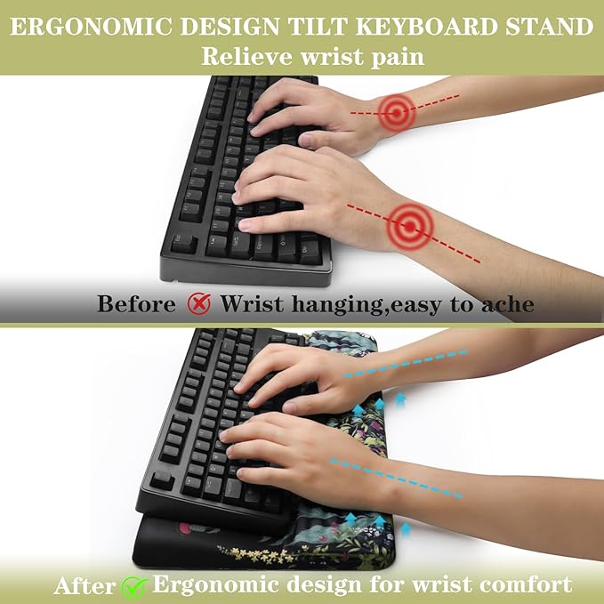 Ergonomic Keyboard Stand with Wrist Rest, Computer Wrist Support Pad, Tilted Keyboard Riser Holder Lift Tray with Wrist Pad, Easy Typing, Comfy Soft Memory Foam Desk Cushion for Office Home