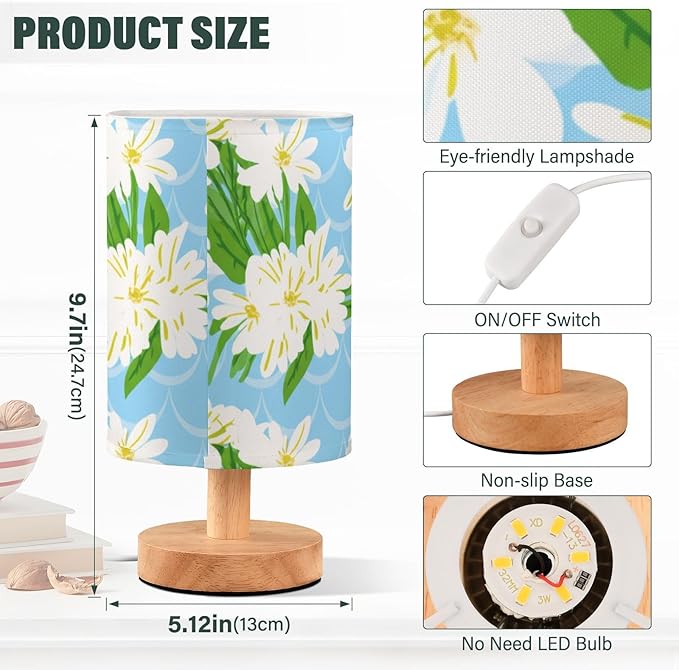 White Floral LED Table Lamp, Bedside Lamp with Linen Lampshade, Flicker-Free Eye Care USB Plug in Nightstand Lamp, for Bedroom and Office