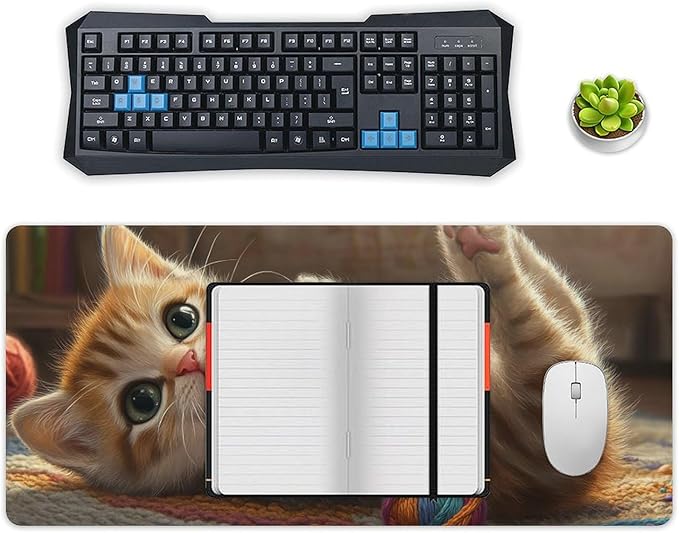 Large Ergonomic Gaming Mouse Pad Curious Kitten Playtime - Cute Cat Theme with Non-Slip Base Water-Resistant Surface and Stitched Edges 40x90cm
