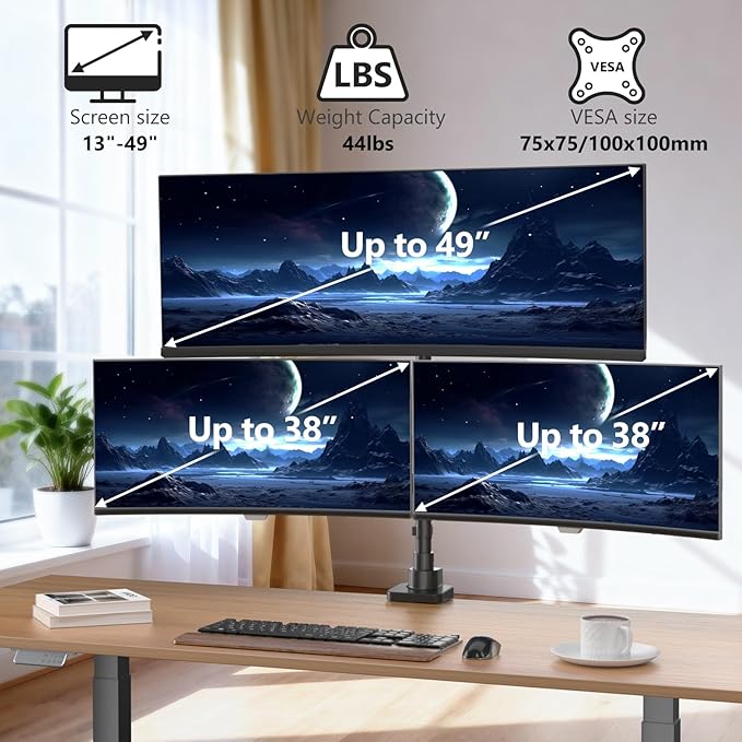 WALI Triple Monitor Mount - Extra Tall 3 Monitor Desk Mount for 13-49 Inch Ultrawide Screens, Up to 44 lbs, Fully Adjustable Heavy Duty Gas Springs, VESA 75/100 mm (GSDM003-P), Black