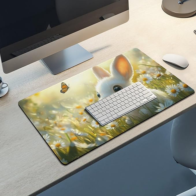 Large Ergonomic Gaming Mouse Pad Baby Bunny in Daisy Field - Sweet Rabbit Theme with Non-Slip Base Water-Resistant Surface and Stitched Edges 40X75cm