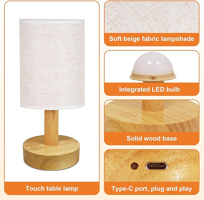Small Cordless Bedside Table Lamp, Rechargeable 2200mAh Battery Powered Lamp with Touch Control, 2700K Warm Dimmable Lamp Natural Wood Base Linen Shade for Bedroom Dorm Nursery Outdoor Patio Camping