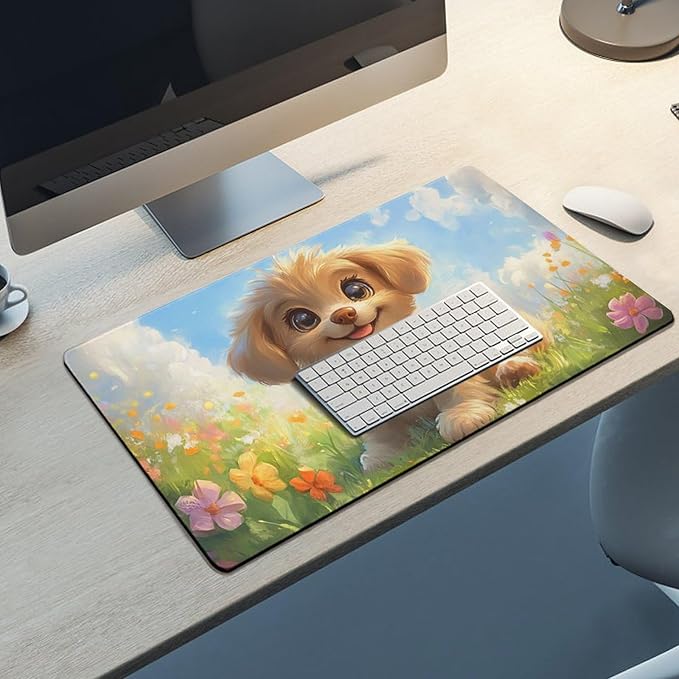 Large Ergonomic Gaming Mouse Pad Happy Puppy in Sunny Field - Lovable Dog Theme with Non-Slip Base Water-Resistant Surface and Stitched Edges 40X75cm