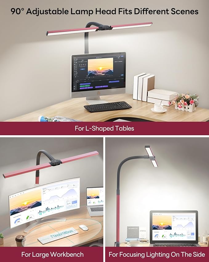 LED Desk Lamp for Home Office, Eye-Caring Desk Light with Clamp, Stepless Dimming 24W Double Head Architect Task Lamp with Remote Control, Flexible Arm for Working Studying Reading Drafting（RED)