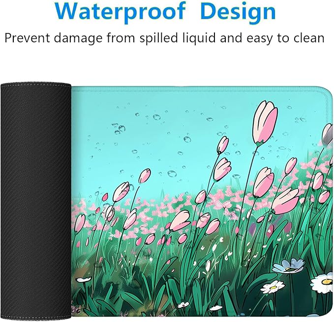 Anime Floral Gaming Desk Pad - Extended Cute Sage Green Plant Mouse Pad Mat with Stitched Edge Non-Slip Base - 31.5"x11.8"