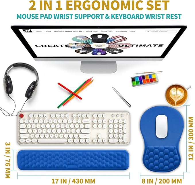 Hokafenle 2 in 1 Ergonomic Mouse Pad Wrist Support & Wrist Rest for Computer Keyboard Set, with Memory Gel Massage Bulge Design (2In1 Set, Dg Blue)