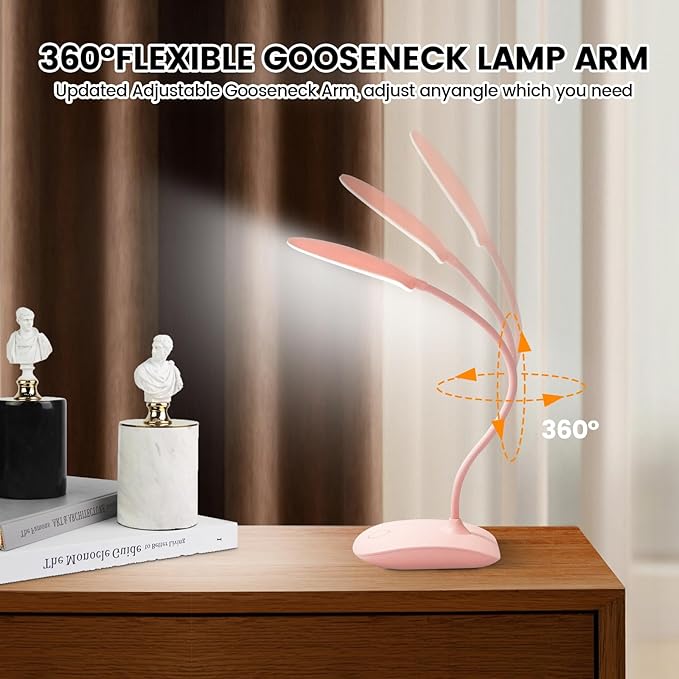 Battery Powered Desk Lamp, Portable Lamps Rechargeable 3 Color Modes Touch Control Stepless Dimming, Wireless Desk Lamp with 2000mAh, Small LED Table Light for Dorm Study Office Bedroom,Pink(2-PACK)