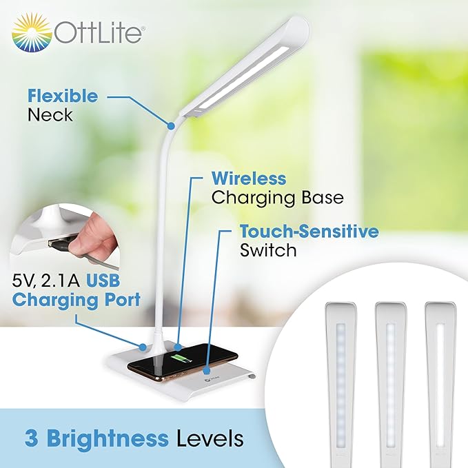 OttLite Power-Up LED Desk Lamp with Wireless Qi Charging & USB Charging Port, with ClearSun LED Technology - Flexible Neck, 3 Brightness Settings, Reduces Eyestrain - Task Lamp for Office & Dorms