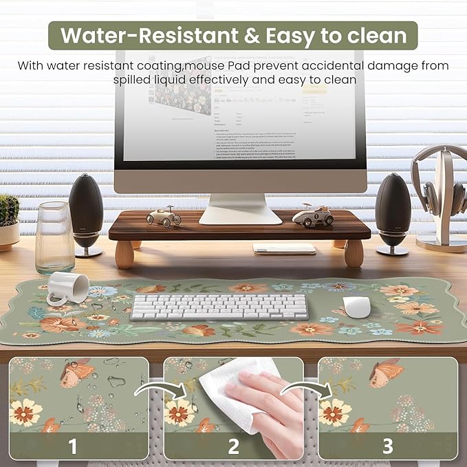 iCasso Scalloped Desk Mat for Keyboard and Mouse, Scalloped Large Mouse Pad, Floral Desk Pad Mat, Anti-Slip Big Mousepad with Stitched Edges for Computer (Bean Green)