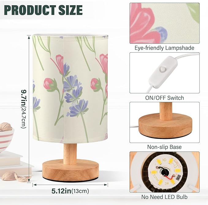 Beautiful Floral LED Table Lamp, Bedside Lamp with Linen Lampshade, Flicker-Free Eye Care USB Plug in Nightstand Lamp, for Bedroom and Office