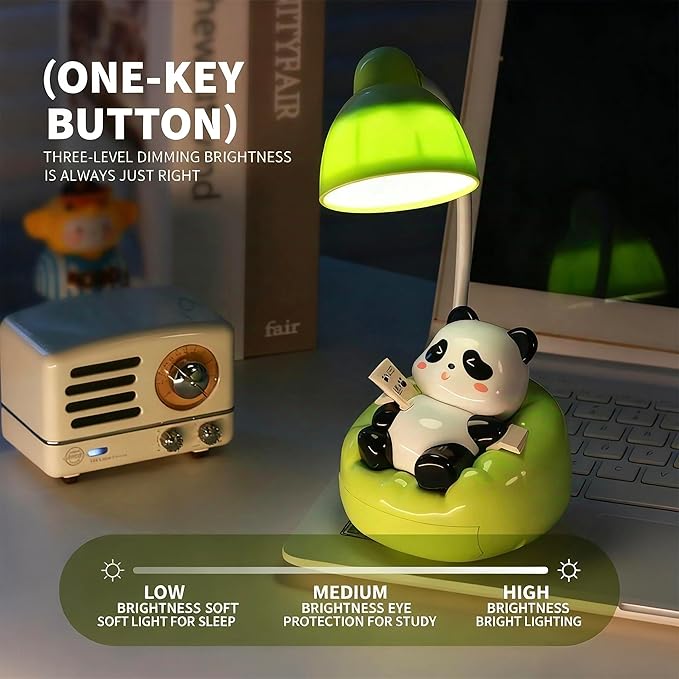 LED Desk Lamp with USB Charging Port, Gooseneck, Cute Panda Night Light for Bedroom Study Room, Boys Girls Children, Touch Control, 500 mAh, Rechargeable Lighting Decor for Boys Girls