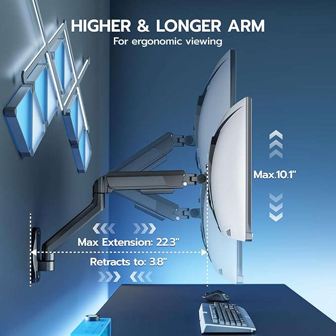 ARES WING Single Monitor Wall Mount for 17-40 Inch Ultrawide Screens, Heavy Duty Monitor Arm Up to 26.4 lbs, Fully Adjustable Wall Mount, VESA 75x75/100x100 Compatible, Black