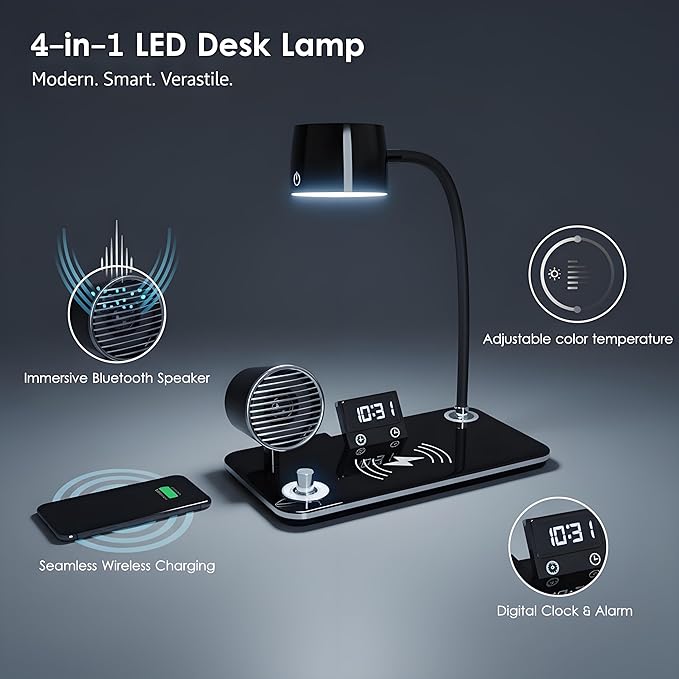 LED Desk Lamp for Office Home, Modern Desk Light with 15W Wireless Charger, Bluetooth Speaker & Digital Clock, 3 Color Temperature, Eye-Caring Study Lamp, Flexible Gooseneck, Black
