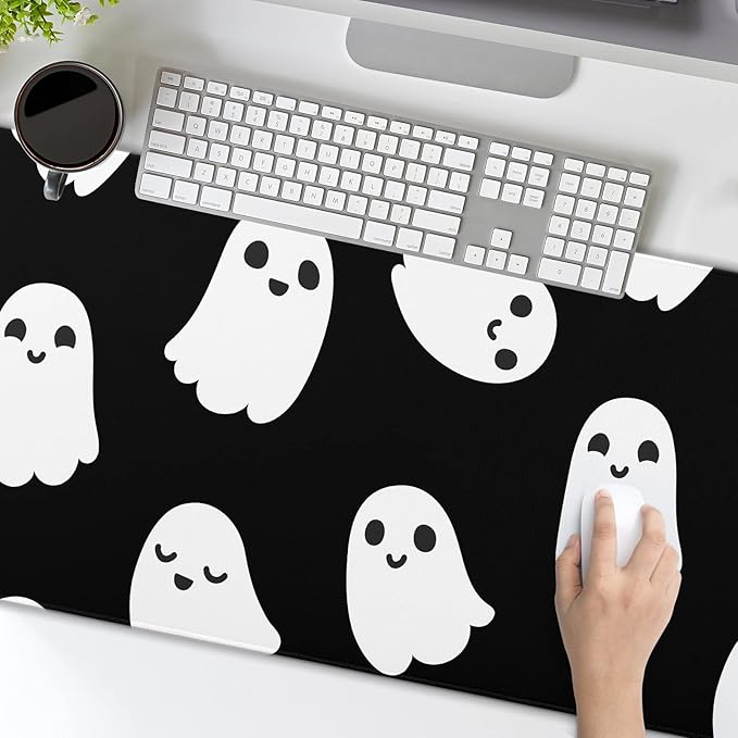 Halloween Cute Ghost Mouse Pad Kawaii Cartoon Spooky Funny Spirit Extended Desk Mat Non-Slip Rubber Base Stitched Edge Large XXL Black White Mousepad for Gaming Laptop Computer Desktop 35.4×15.7 in