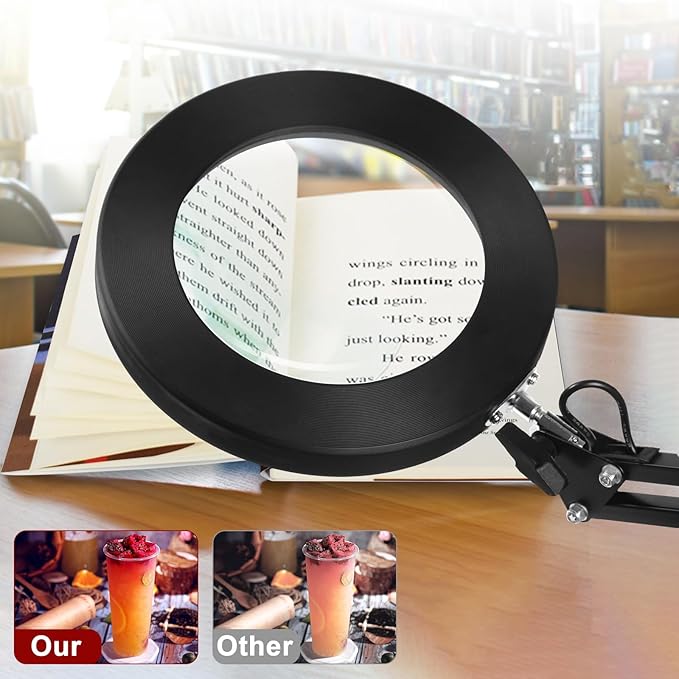 12X Magnifying Glass with Light, 5 Color Modes Stepless Dimmable Magnifier with Stand, LED Lighted Clamp Desk Lamp with Swing Arm, Hands Free for Reading Painting Crafts Close Work