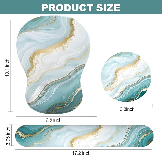 Ergonomic Mouse Pad with Wrist Rest and Keyboard Wrist Rest, Gel Mousepad and Wrist Rest for Computer Keyboard, Non-Slip PU Base, Mouse Pad Wrist Support for Gaming, Blue Green Marble