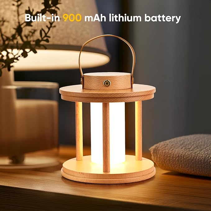 YIEONSHION LED Wood Cordless Table Lamp Rechargeable with Dimming Eye-Care Lighting, Portable Touch Lamp for Outdoor Camping Living Room Bedroom Bedside Office Pumpkin Shape Lantern