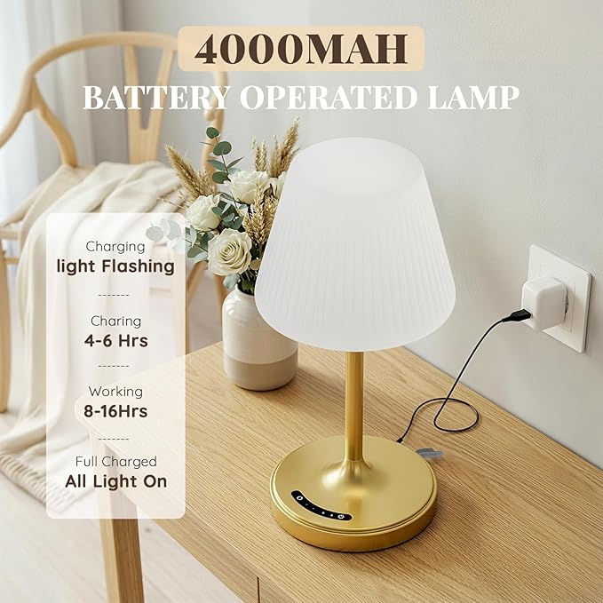 Cordless Table Lamp, Waterproof Shower Lamp, 4000mAh Rechargeable Table Lamps, 3-Color Dimmable Light, Battery Operated Lamp Desk Night Lamp for Bathroom Bedroom Patio Camping Restaurant (Gold)