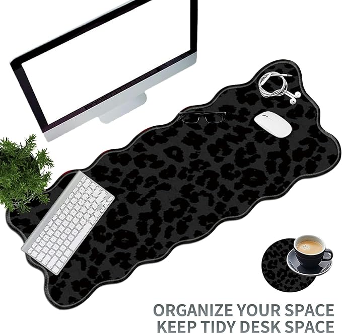 Black Leopards Large Gaming Mouse Pad Plus a Coaster, 31.5 x 11.8 inches Desk Mat Extended XL Mousepad with Stitched Edge Non-Slip Rubber, Desk Pad Computer Mouse Mat for Home Office